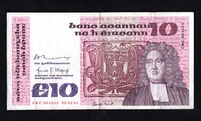 1981 Ireland IR10 Jonathan Swift. Banknote Series B. Note issued 02/02/81. Serial number CKC803545
