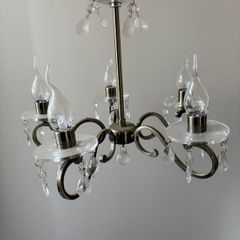 5-Light Antique Brass Chandelier with Glass Droplets (2 available)