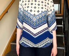Blue & White Patterned Blouse Greek Style - Size  XL / 42 / 14