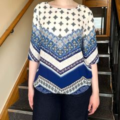 Blue & White Patterned Blouse Greek Style - Size  XL / 42 / 14