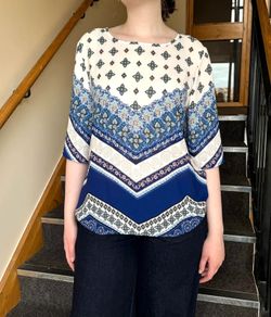 Blue & White Patterned Blouse Greek Style - Size  XL / 42 / 14