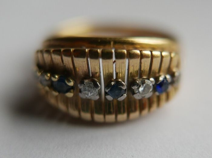 Victorian 14K Gold Two Stone Sapphire & Diamond Ring size L1/2 - 5,1g