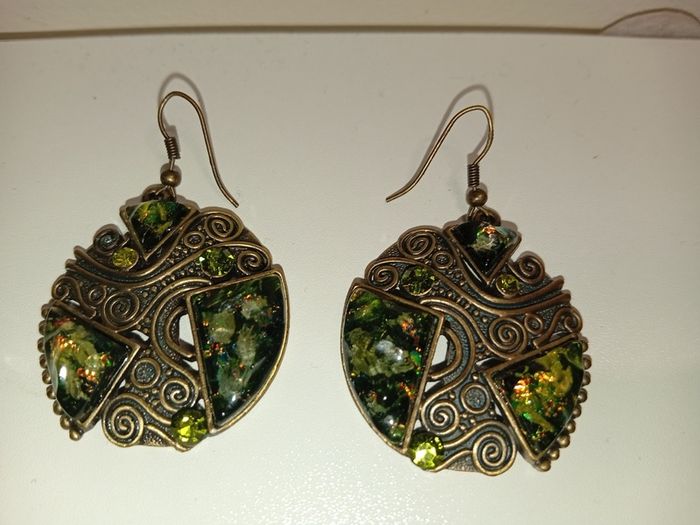 Vintage Brass Tone Drop Earrings With Ornate Scrollwork Filigree And Green Textured Stones