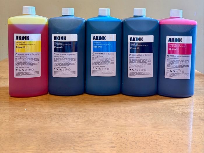 Premium Akink Dye refill Ink set (5 x approx. 1L bottles: Cyan, Magenta, Yellow, and 2 x Black