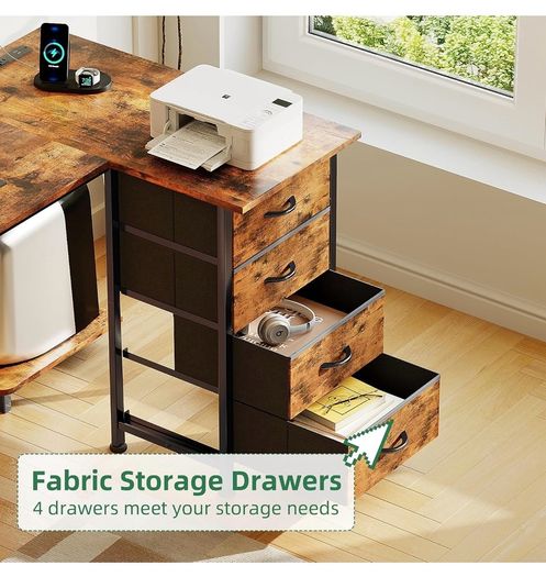 Corner Desk with 4 Drawers, L Shaped Computer Desk with LED Lights & Power Outlets, 160x80cm Reversible Home Office Workstation with Monitor Stand, Writing Desk with PC Stand, Vintage