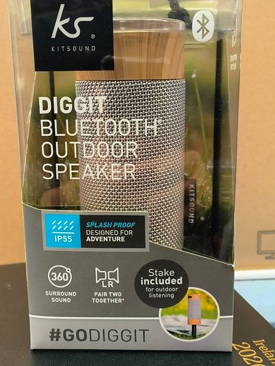 KitSound KS DIGGIT Diggit Outdoor Freestanding Bluetooth Garden Speaker with Removable Stake, Silver/Wood (New)