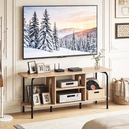 120cm Wooden TV Cabinets for Living Room,Oak TV Stand Cabinet with Arch Details & Rounded Edges, Modern Media Console Table with Open Gaming Entertainment Center Shelves