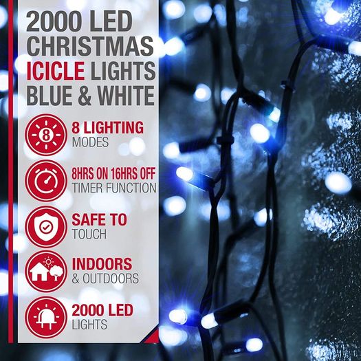 Icicle Lights 2000 LED Outdoor Christmas Lights 60M Lit Length, with Timer and 8 Modes - Blue/Cool White