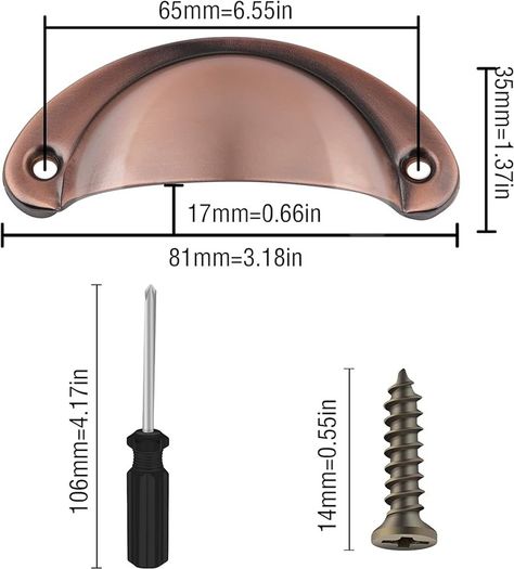 NEW SALE |  12 Pcs Vintage Half Moon Shell Cup Pull Handles for Cabinet Cupboard Door Dresser Wardrobe Drawer with Screws, 65mm Hole Centres, Brushed Copper