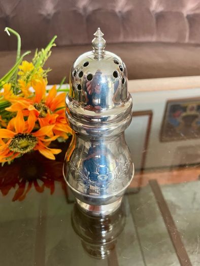 Vintage Silver Plated Sugar Caster or Shaker Baluster Shaped Body Floral foliate Engraving