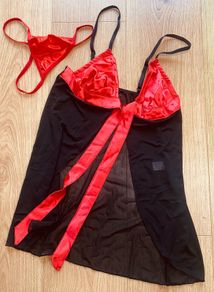 Black and red sheer babydoll and thong One Size