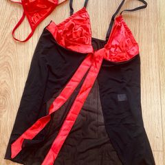 Black and red sheer babydoll and thong One Size