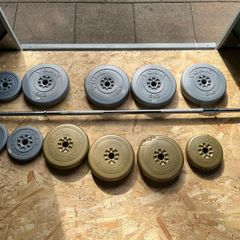 5ft 5 inches York barbell with clips and weights