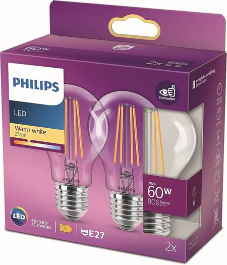 LED Classic A60 Light Bulb Set of 2 [E27 Edison Screw] 7W = 60W Equivalent, Warm White (2700K), Non Dimmable