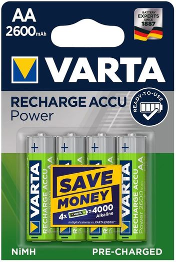 VARTA Rechargeable Ready2Use Pre-Charged AA Mignon Ni-Mh Battery (4-pack, 2,600mAh, 4-pack), rechargeable without memory effect - ready for immediate use