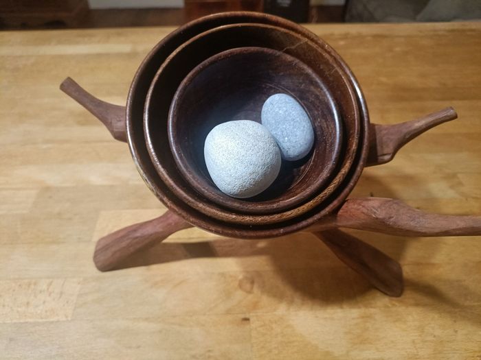 (Move out sell-see my other low priced ads) Handcrafted Wooden Bowl Set with Folding Stand