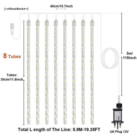 Shower Rain Lights 30CM, 8 Waterproof Spiral Tubes Meteor Lights, 288 LEDs Falling Rain Lights for Christmas Outdoor Garden House Window Xmas Tree Decoration(White)