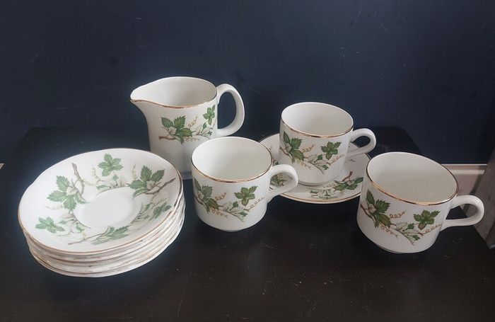 Small Collection of Arklow Pottery Coffee Set Items in the Ragusa Pattern, Plus Some Free Matching Pattern Saucers by Royal Tara.