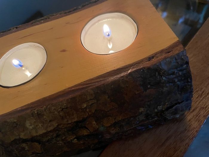 Stunning Rustic Live Edge Pine Wood Tea Light Holder Yule Log Waxed and Sealed