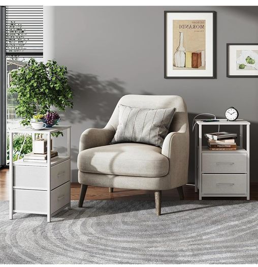 Bedside Table with Charging Station, Side Table with 2 USB Ports and Outlets, Nightstand with Cloth Drawer, Set of 2, End Table, White