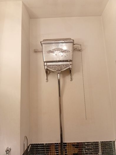 Silver, high level toilet cistern,downpipe and bowl