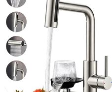 Pull Out 1 Hole Stainless Steel Kitchen Mixer Tap with Glass Washer 4 Spray Modes High Pressure Kitchen Sink Taps with Glass Rinser, Single Handle Tap for Kitchen, Bar, RV, Brushed Nickel
