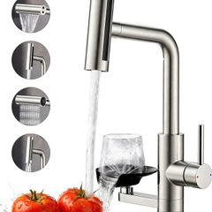 Pull Out 1 Hole Stainless Steel Kitchen Mixer Tap with Glass Washer 4 Spray Modes High Pressure Kitchen Sink Taps with Glass Rinser, Single Handle Tap for Kitchen, Bar, RV, Brushed Nickel
