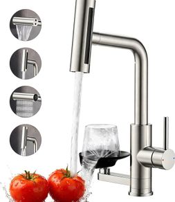 Pull Out 1 Hole Stainless Steel Kitchen Mixer Tap with Glass Washer 4 Spray Modes High Pressure Kitchen Sink Taps with Glass Rinser, Single Handle Tap for Kitchen, Bar, RV, Brushed Nickel