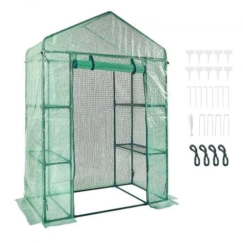 4.6 x 2.4 x 6.7 ft Greenhouse with Shelves, Set Up in Minutes, High Strength PE Cover with Doors & Windows and Steel Frame, Suitable for Planting and Storage, Green