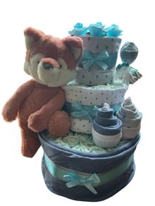 Baby shower gift Nappy Cake 3 Tier Clever Fox (FREE shipping) pink,blue,natural colour)