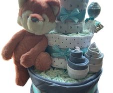 Baby shower gift Nappy Cake 3 Tier Clever Fox (FREE shipping) pink,blue,natural colour)