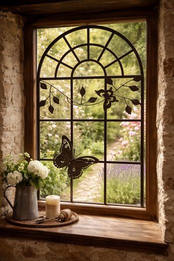 Nostalgia Stable Window Metal Frame with Butterfly  Antique Style 97cm