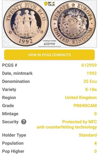 Great Britain 1992 Prooflike 25 Ecu Piedfort PCGS PR69DCAM  Three Graces Coin