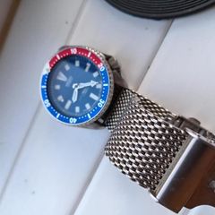 Seiko automatic watch with pepsi bezel and mesh strap