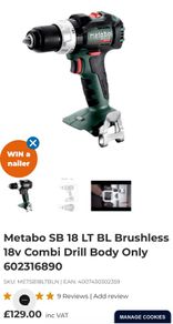 Metabo SB 18 LT BL Brushless 18v Combi Drill Body Only