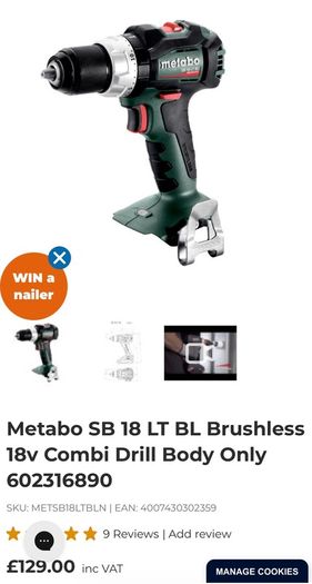 Metabo SB 18 LT BL Brushless 18v Combi Drill Body Only