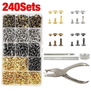240 Sets Leather Rivets, Double Cap Rivet Tubular - 4 Colors 3 Size Metal Studs Brass Rivets with Setting Tool Kit for Leather Craft/Shoes/Bags/Clothes/Belts Repair Decoration