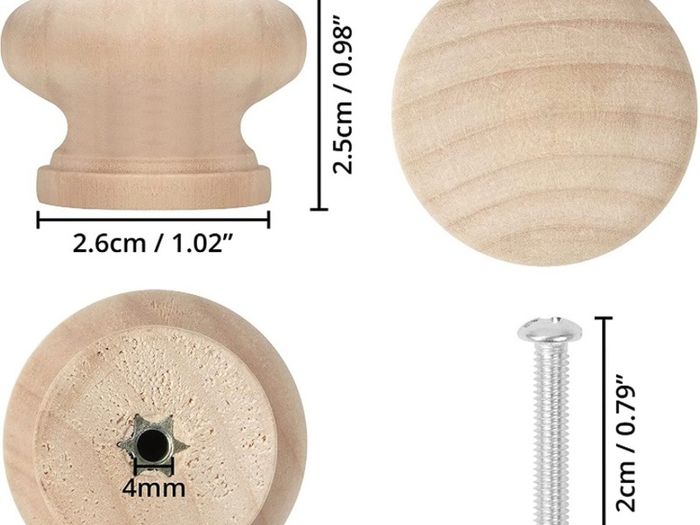 Round Unfinished Wood Knobs with Screws (20 Pack) - 3.4 x 2.5cm / 1.34 x 0.98 Inches - Natural Wooden Birch Door Knob Hardware - Furniture Cabinet, Wardrobe, Cupboard & Drawer Pull Handles (FREE POSTAGE)