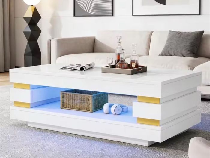 High Gloss Coffee Table with LED Lights White Living Room Table.