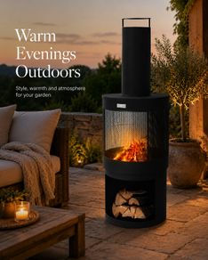 Tall Outdoor Garden Fireplace with Chimney and Poker Black Steel