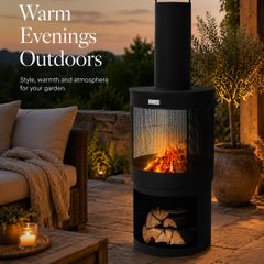 Tall Outdoor Garden Fireplace with Chimney and Poker Black Steel