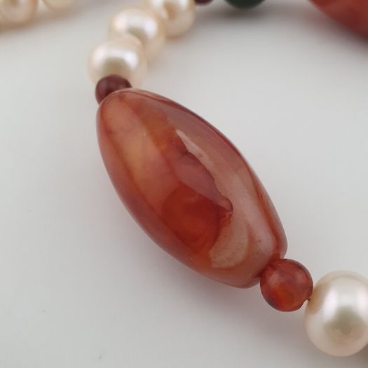 Vintage African Carnelian Statement Necklace with Genuine Pearls & Green Jade Beads