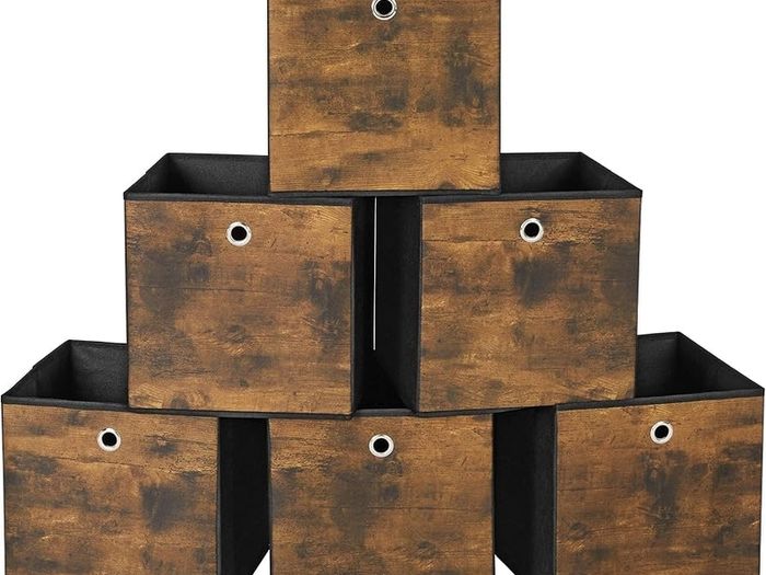 Storage Box, Set of 6, Box with Handle, Non-woven and Oxford Fabric, 30 x 30 x 30 cm, Suitable for Cubic Furniture, Foldable, Clothes, Rustic Brown and Black