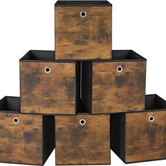 Storage Box, Set of 6, Box with Handle, Non-woven and Oxford Fabric, 30 x 30 x 30 cm, Suitable for Cubic Furniture, Foldable, Clothes, Rustic Brown and Black