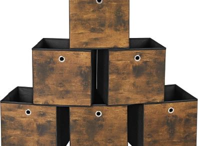 Storage Box, Set of 6, Box with Handle, Non-woven and Oxford Fabric, 30 x 30 x 30 cm, Suitable for Cubic Furniture, Foldable, Clothes, Rustic Brown and Black