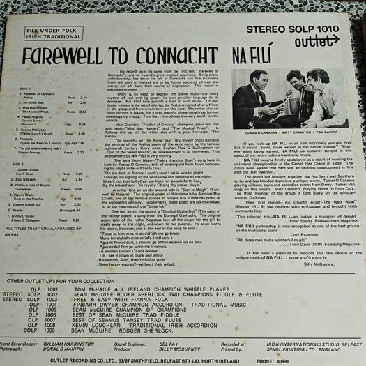 Na Fili, Farewell to Connaught on Outlet LP,  Irish Folk Trad, fiddle and pipes