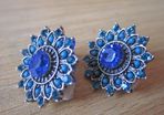 Clip On (not piercing) Stunning Crystal Flower Royal Blue and Aqua Earrings