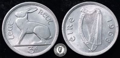 [#2536] - Ireland 1968 | Irish 3d | 3 Pence | Hare | KM.12a | MS