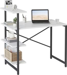 Small Computer Desk with Shelves 100x50x98 cm, Home Office Desk, Study Writing Office Table, 4 Tier Shelf, White (FREE SHIPPING)