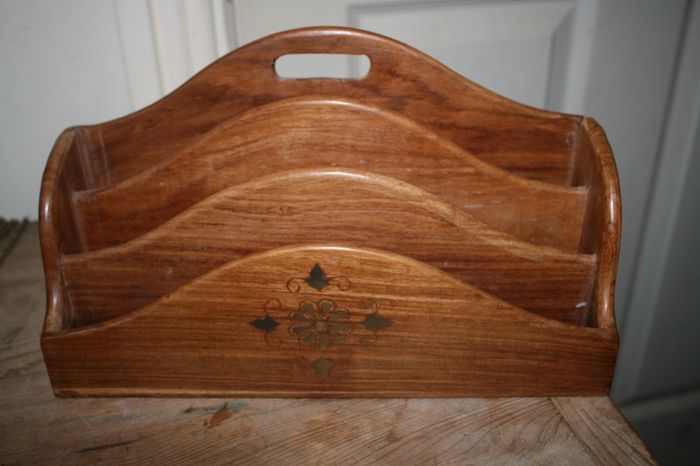 Vintage Letter Holder Handmade Wooden Paper Rack with Moorish Brass Inlays Office Desk Organiser 12" x 4" H-7"